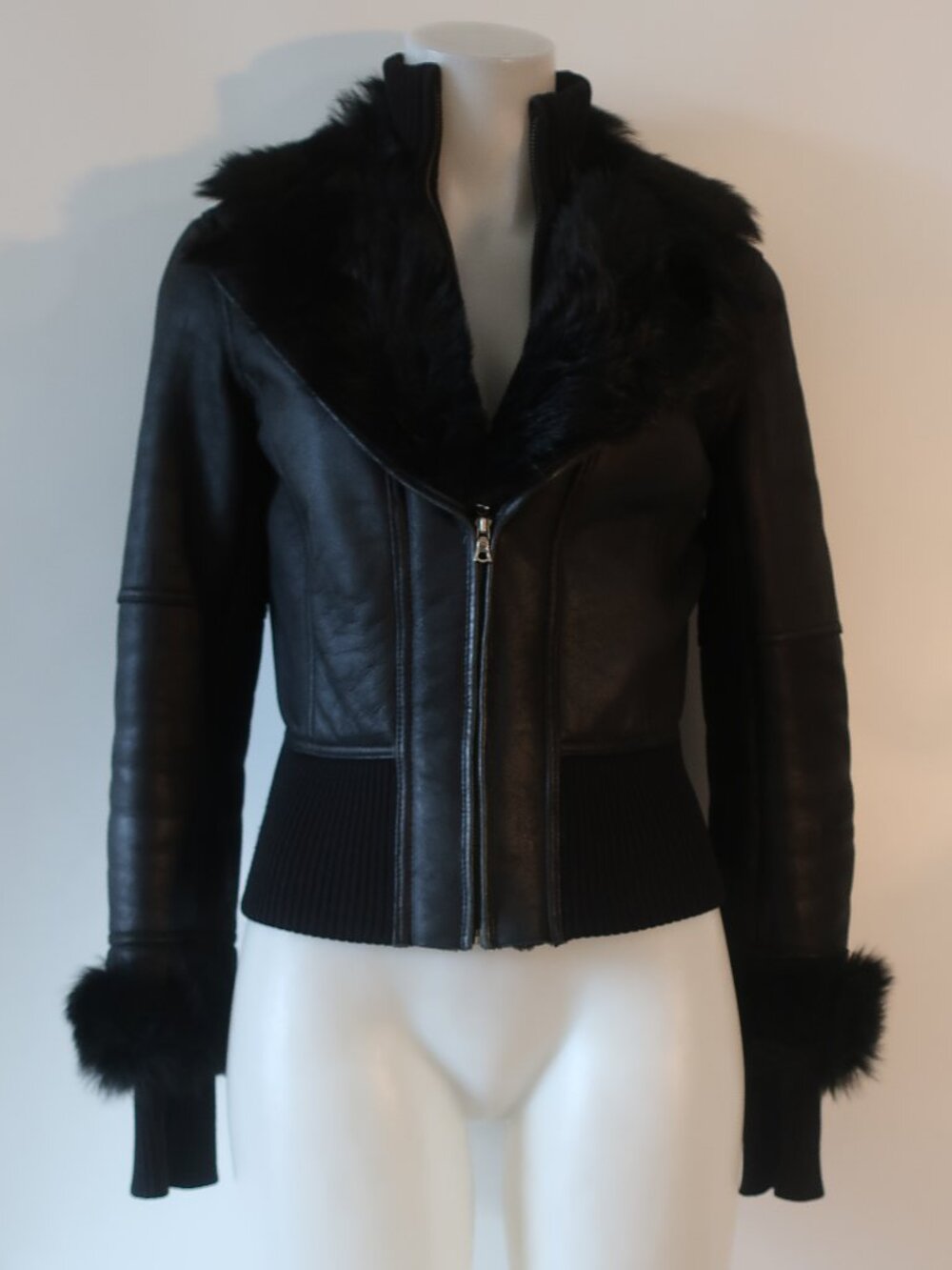 Womens Elie Tahari Black Leather Jacket W/Faux Fur Collar S